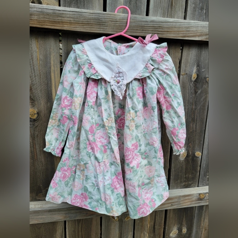 VTG 90s COTTAGECORE Girl 3T pink Floral Easter Dress Prairie rosette lace FAIRY